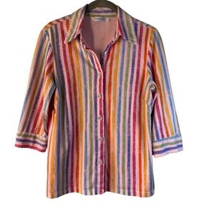 Fresh Produce Casual Vibrant Colorful Striped 3/4 Sleeve Button Down Top SZ S